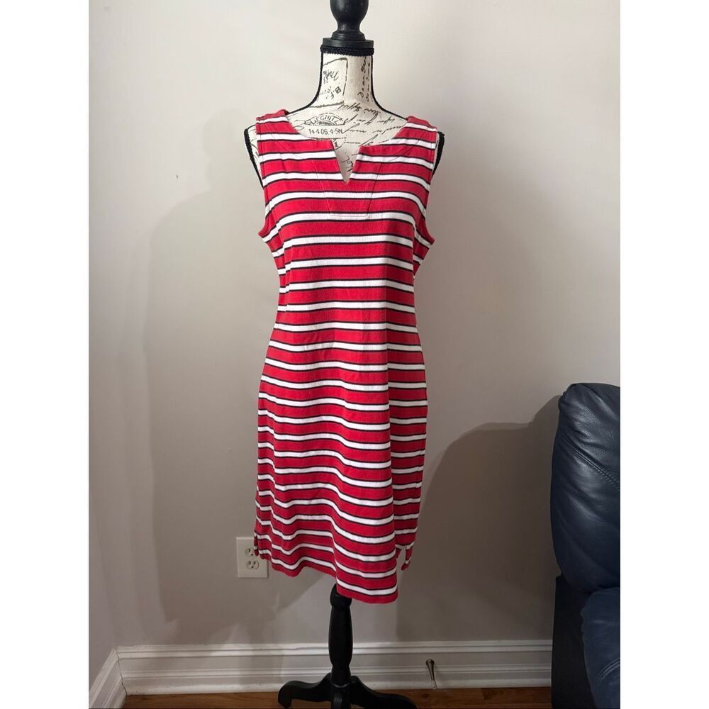 Talbots Women's Striped Sleeveless Split Neck Sheath Dress Red White Size MP